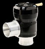 GFB Mach 2 TMS diverter valve, black body with silver 33mm inlet and outlet ports, brass fitting on top