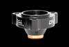 GFB DV+ diverter valve, angled view showing bolt flange, black anodized body and brass fitting