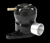 GFB Mach 2 TMS diverter valve, black body, brass hose barb, silver outlet flange, side angle view