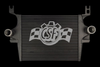 CSF intercooler for 03-05 Ford Excursion 6.0L, front view showing cooling fins, two inlet/outlet pipes, and mounting tabs.