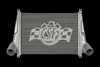 CSF intercooler for 99-03 Isuzu NPR 4.8L, front view showing tube-fin core, mounting tabs and inlet/outlet end tanks.