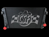 CSF OEM intercooler for 17-19 Silverado 2500HD 6.6L, front view with red inlet/outlet caps, CSF logo.