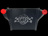 CSF Kenworth W900 OEM intercooler, front view with red inlet/outlet caps and CSF logo