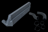 CSF silver stepped core intercooler with two silicone hoses and four hose clamps, angled view