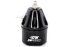 DeatschWerks DWR2000 black fuel pressure regulator, front angle view showing top fitting, side barb port, and DW logo base.