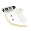DeatschWerks DW300 340 LPH fuel pump kit with hose, clamps, and mounting bracket, top view