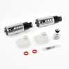 DeatschWerks DW300c 340 LPH fuel pumps, two units with filter socks, install kit and hardware laid out on white background