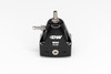 DeatschWerks DWR1000iL in-line fuel pressure regulator, black, front view showing flow arrow, adjuster screw and fittings