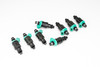 Set of 8 DeatschWerks 350cc fuel injectors, black bodies with teal tops, arranged in a loose arc
