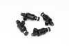 DeatschWerks 1000cc low impedance fuel injectors, set of 4, black bodies with 11mm top fittings, top down angled view