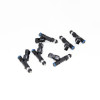 Set of six DeatschWerks 650cc fuel injectors for BMW M20/M50/M52, black bodies with blue O-rings, top view
