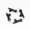 DeatschWerks fuel injectors, set of 4, top down view showing electrical connectors and fuel rail o-ring ends