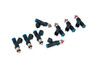 DeatschWerks 95lb fuel injectors, set of 8, angled view showing blue connectors and orange O-rings