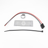DeatschWerks DW300C fuel pump install kit: hose clamp, wired connector, strainer sock, and zip tie laid flat.
