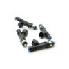 DeatschWerks 550cc top feed fuel injectors for 06+ Mazda Miata, set of four arranged in a circle, showing black injector bodies with blue O-rings and