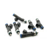Set of six DeatschWerks 39lb top feed fuel injectors for 99-10 V6 Mustang, black bodies with blue tops and electrical connectors.