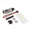 DeatschWerks DW300 fuel pump with wiring connector, mounting bracket, hose clamps, sock filter and rubber sleeve
