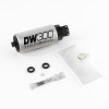 DeatschWerks DW300 in-tank fuel pump kit with two O-rings, filter sock, and lube packet, angled view