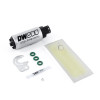 DeatschWerks DW200 255 LPH fuel pump with install kit, filter sock, clip, grommets, and lube packet.