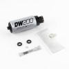 DeatschWerks DW200 255 LPH fuel pump with install kit, filter sock, seals and lube, top view