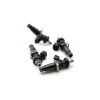 DeatschWerks 2200cc fuel injectors, set of 4, top down angle showing green O rings and mounting clips