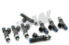 Set of eight DeatschWerks 88lb fuel injectors for LS1/LS6 and 4.6L/5.0L Mustang, showing black bodies with electrical connectors and blue/green