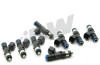 Set of eight DeatschWerks 50lb fuel injectors for LS2 and HEMI engines, arranged in a fan pattern showing electrical connectors and O-ring tips.