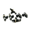DeatschWerks EV14 220lb/hr fuel injectors, set of six, black bodies with metal clips, top angle view