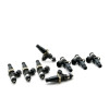 DeatschWerks EV14 220lb/hr fuel injectors, set of 8, arranged staggered, showing black bodies and electrical connectors.