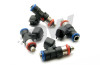 DeatschWerks EV14 42lb/hr injector set of 4, angled view showing blue top O-rings, red bottom seals, black connectors.
