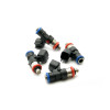 DeatschWerks Bosch EV14 90lb/hr fuel injectors, set of 4, top angled view showing blue and red o-rings and electrical connectors.