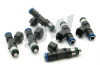 DeatschWerks EV14 48mm 95lb/hr fuel injectors, set of six, black bodies with blue tops and connectors.