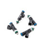 DeatschWerks 550cc fuel injectors, set of four, black bodies with blue and green O-rings, angled view