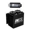 DeatschWerks DW3.5L Modular Surge Tank with DW350iL in-line fuel pump, front angled view showing fittings
