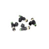 DeatschWerks 550cc fuel injectors, set of 4, angled view showing black bodies, electrical connectors and O-rings.
