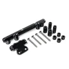 DeatschWerks 93-95 RX7 fuel rail kit, top angled view showing rail, spacers, bolts, and mounting bracket