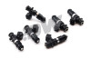 DeatschWerks EV14 1200cc fuel injector set of 6 for Nissan GTR VR38DETT, top angled view showing electrical connectors and O-ring tips