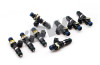 DeatschWerks 1200cc EV14 fuel injectors, set of eight, black bodies with blue and gold connector ends.