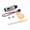 DeatschWerks DW300 340 LPH fuel pump kit with wiring, hose, clamps, filter sock and washer shown flat.