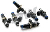 DeatschWerks 2200cc top feed fuel injectors for 93-98 Toyota Supra TT, set of six with blue O-rings, angled view.