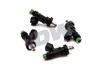 Set of four DeatschWerks 1000cc EV14 fuel injectors for Honda S2000, showing black bodies, green O-rings, connectors.