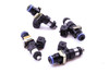 Set of four DeatschWerks EV14 1500cc fuel injectors, black bodies with blue top O-rings, angled view