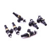 DeatschWerks EV14 1500cc fuel injectors, set of six, black bodies with metal clips, angled view