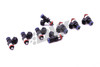Set of 8 DeatschWerks EV14 1500cc fuel injectors arranged diagonally, showing top connectors and O-ring tips.