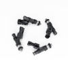Set of four DeatschWerks EV14 750cc fuel injectors, top down view showing connectors and o-ring fittings.