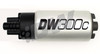 DeatschWerks DW300C 340lph compact fuel pump, side view showing black inlet fitting and silver body