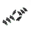 DeatschWerks 14mm low impedance fuel injectors, set of 8, black bodies with green O-rings, angled view