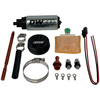 DeatschWerks DW300 340lph fuel pump kit with mounting adapter, hose clamps, filter sock, and wiring harness