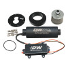 DeatschWerks DW650iL brushless pump kit with controller, mounting plate, filter, O ring and screws laid out
