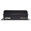 DeatschWerks VB40AX1 voltage booster, front angle view showing DW logo, USB port, mounting brackets